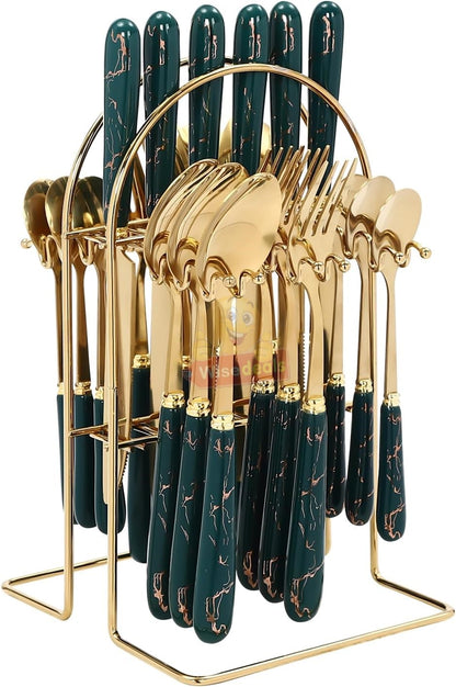 24 Piece Stainless Steel Cutlery Set on Golden Stand