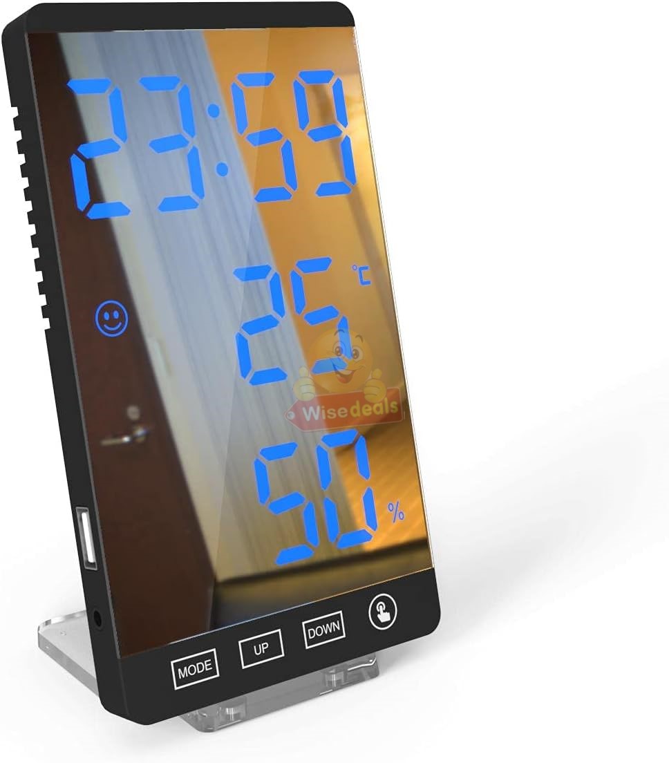 6 Inch LED Mirror Alarm Clock Touch Button Time Temperature Humidity Display USB Output Port