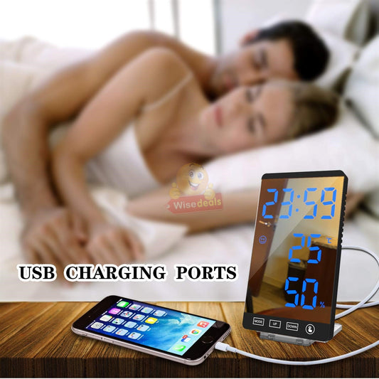 6 Inch LED Mirror Alarm Clock Touch Button Time Temperature Humidity Display USB Output Port