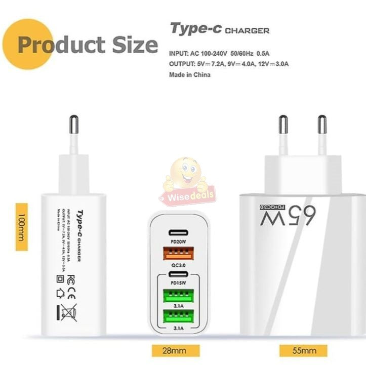 65W – 3 USB and 2 PD Type-C Port Multi Charger