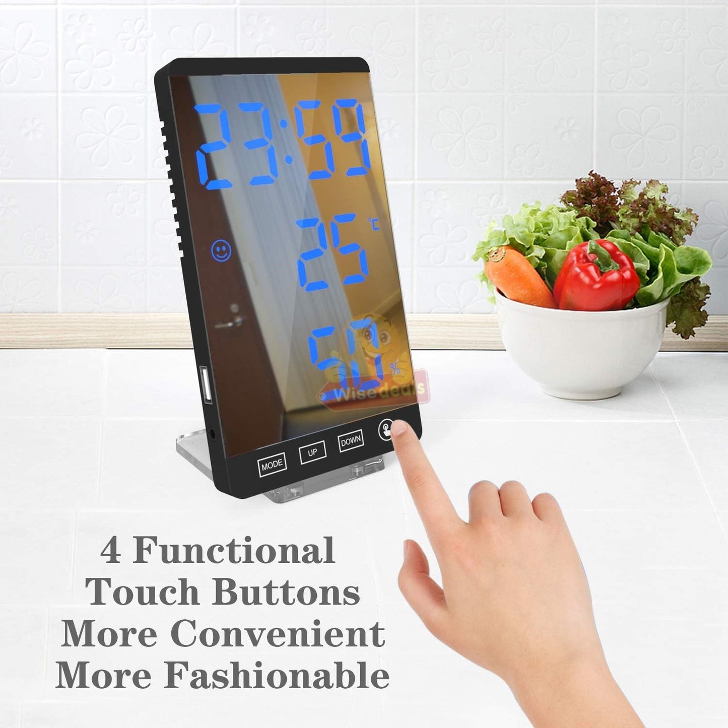 6 Inch LED Mirror Alarm Clock Touch Button Time Temperature Humidity Display USB Output Port