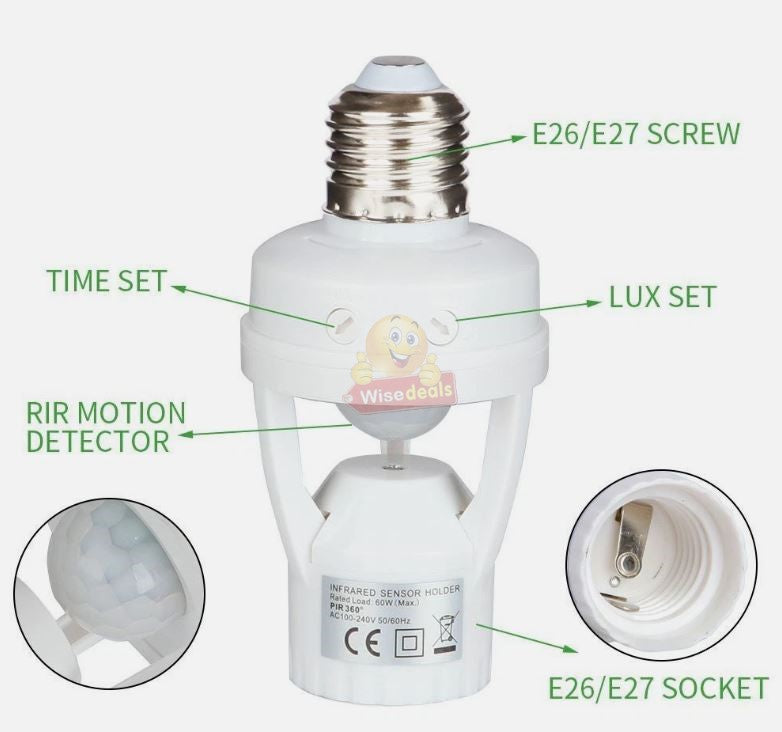 360 Degrees PIR Motion Sensor LED Lamp Socket Base E27 Adjustable