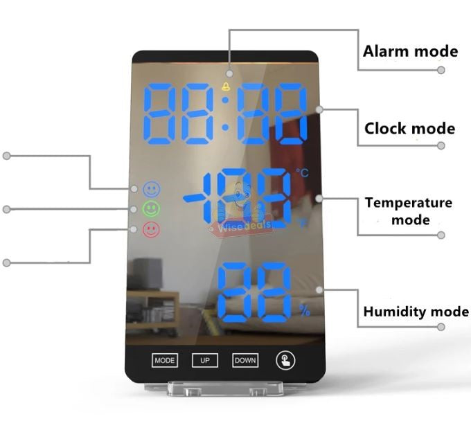 6 Inch LED Mirror Alarm Clock Touch Button Time Temperature Humidity Display USB Output Port