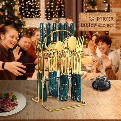 24 Piece Stainless Steel Cutlery Set on Golden Stand