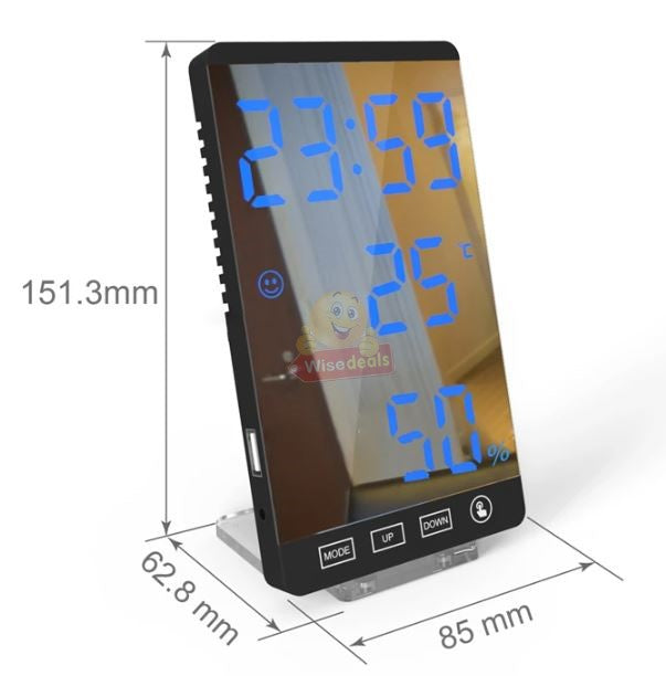 6 Inch LED Mirror Alarm Clock Touch Button Time Temperature Humidity Display USB Output Port