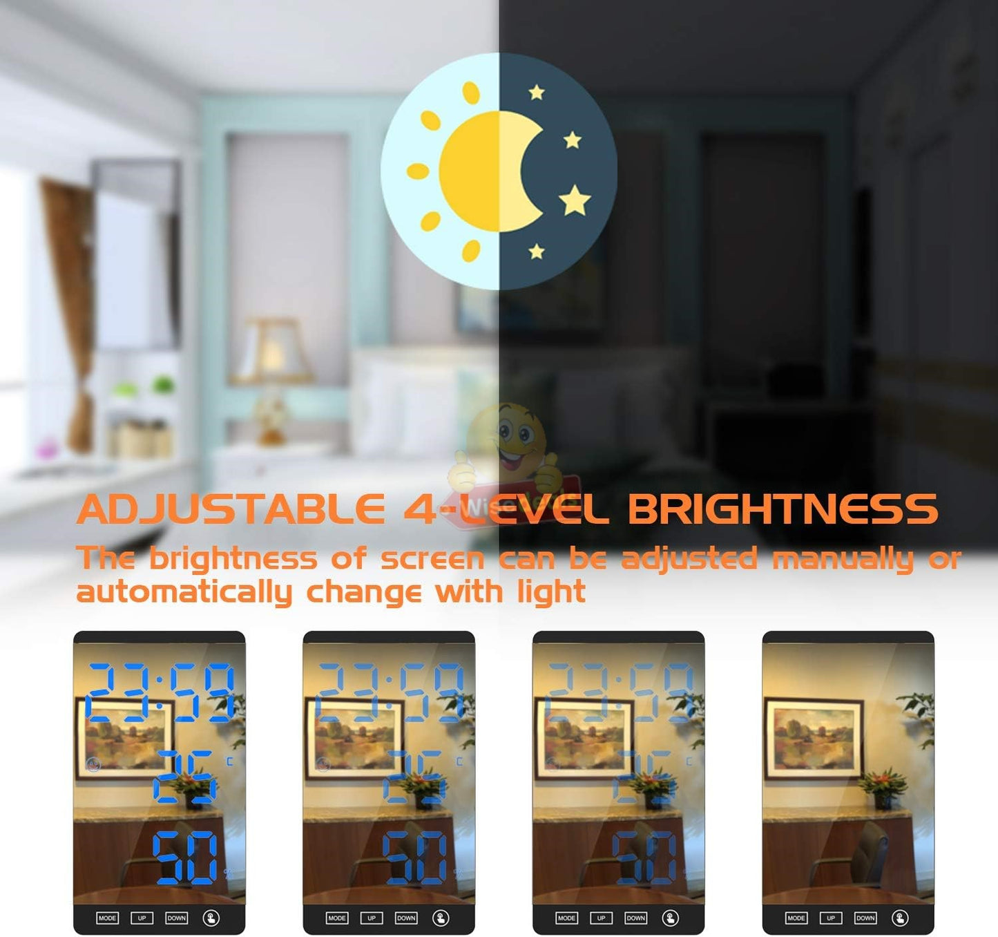 6 Inch LED Mirror Alarm Clock Touch Button Time Temperature Humidity Display USB Output Port