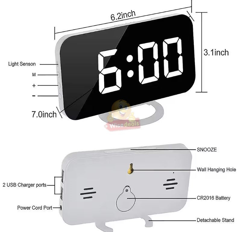 Digital LED Mirror Alarm Clock Automatic Brightness Adjustment