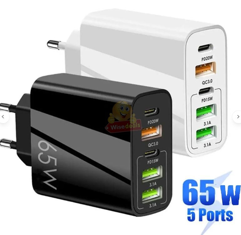 65W – 3 USB and 2 PD Type-C Port Multi Charger