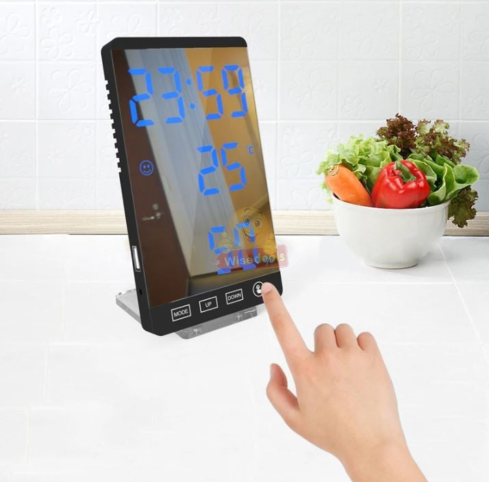 6 Inch LED Mirror Alarm Clock Touch Button Time Temperature Humidity Display USB Output Port